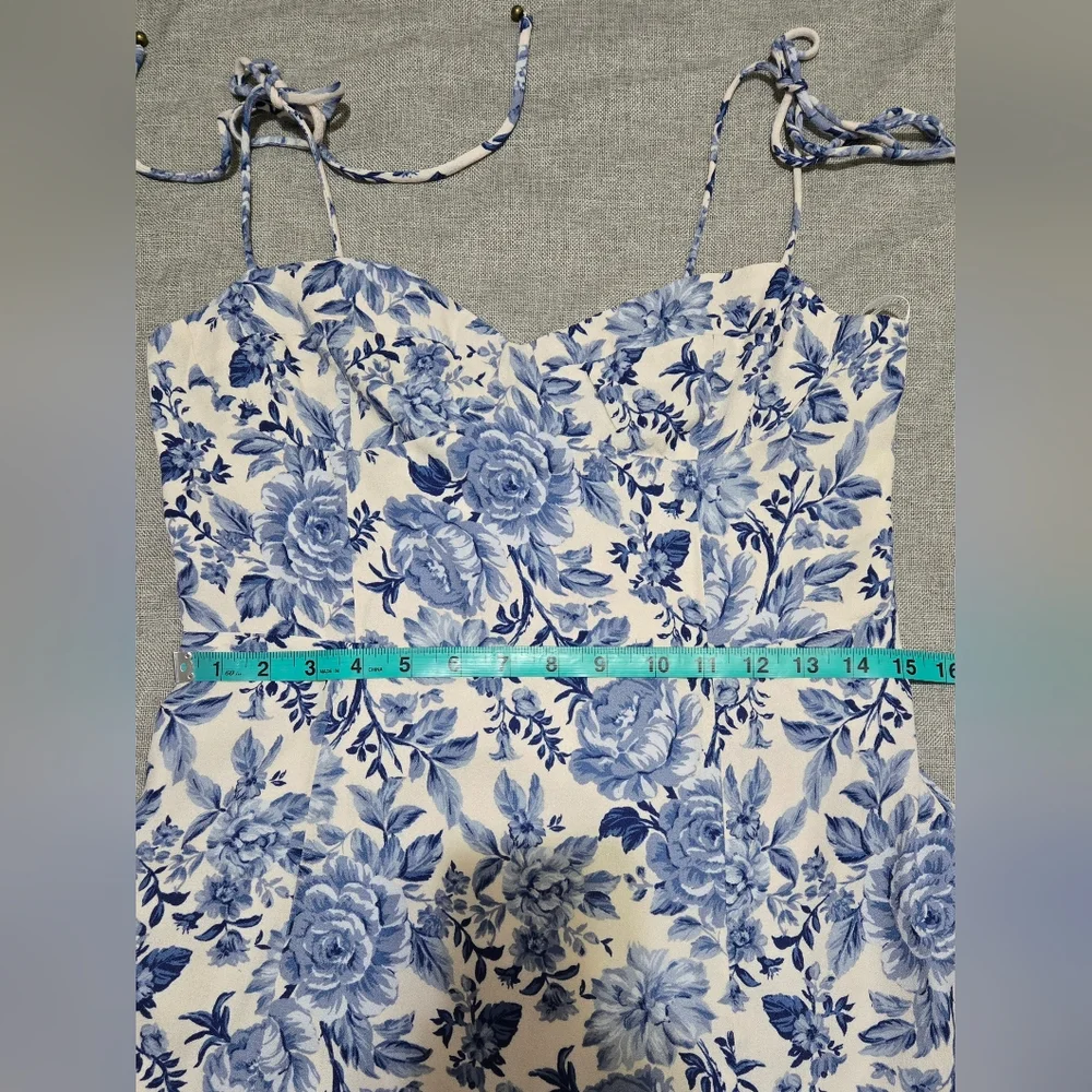 ​Petal & Pup Blue Floral Tie Strap Midi Dress Smocked Back Front Side Slit - Picture 11 of 16